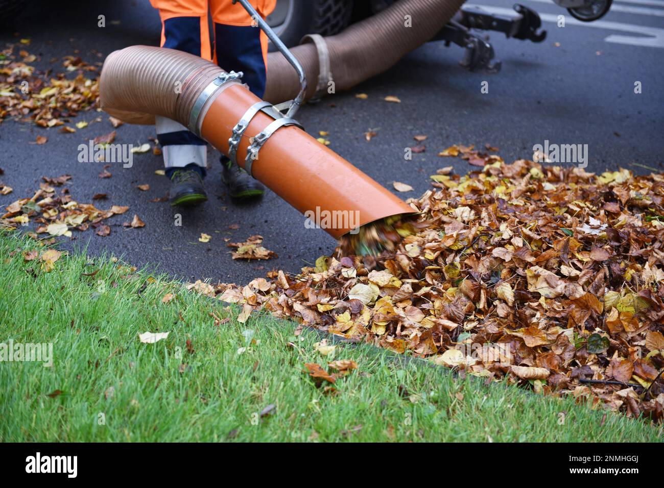Worker sucking up wilted leaves city cleaning Vellmar Hesse