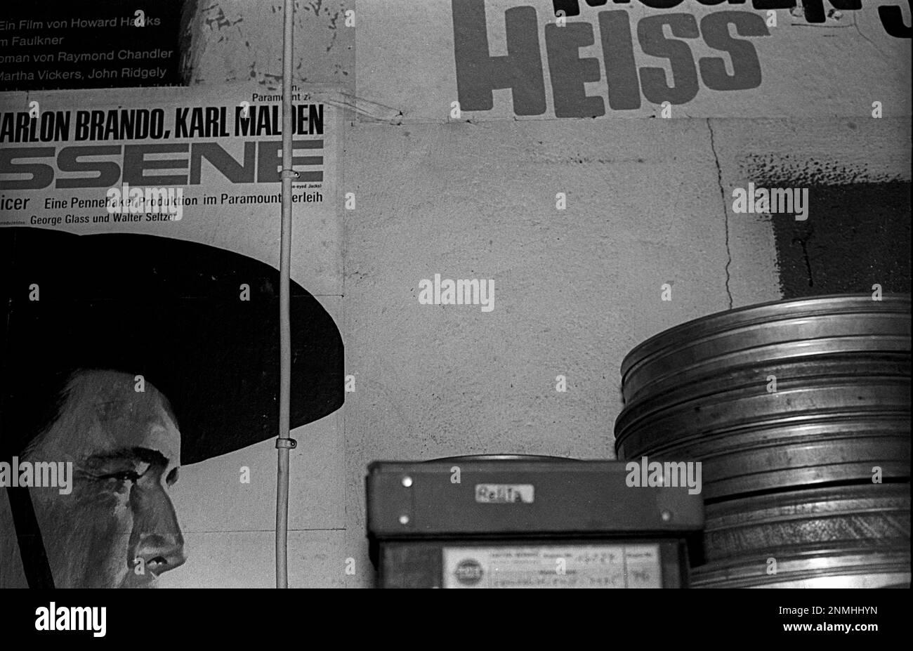 West Berlin, 21.1.1990, Schlueter cinema in Schlueterstrasse, film reels and poster (director Bruno Dunst) Stock Photo