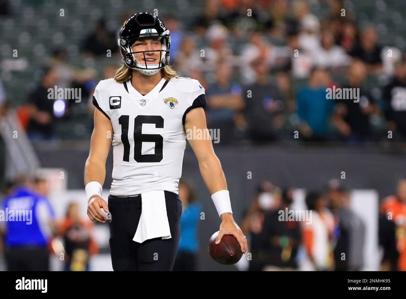 Cincinnati Bengals wide receiver Tee Higgins (85) and Jacksonville Jaguars  quarterback Trevor Lawrence (16) talk prior to an NFL football game,  Thursday, Sept. 30, 2021, in Cincinnati. (AP Photo/Emilee Chinn Stock Photo  - Alamy