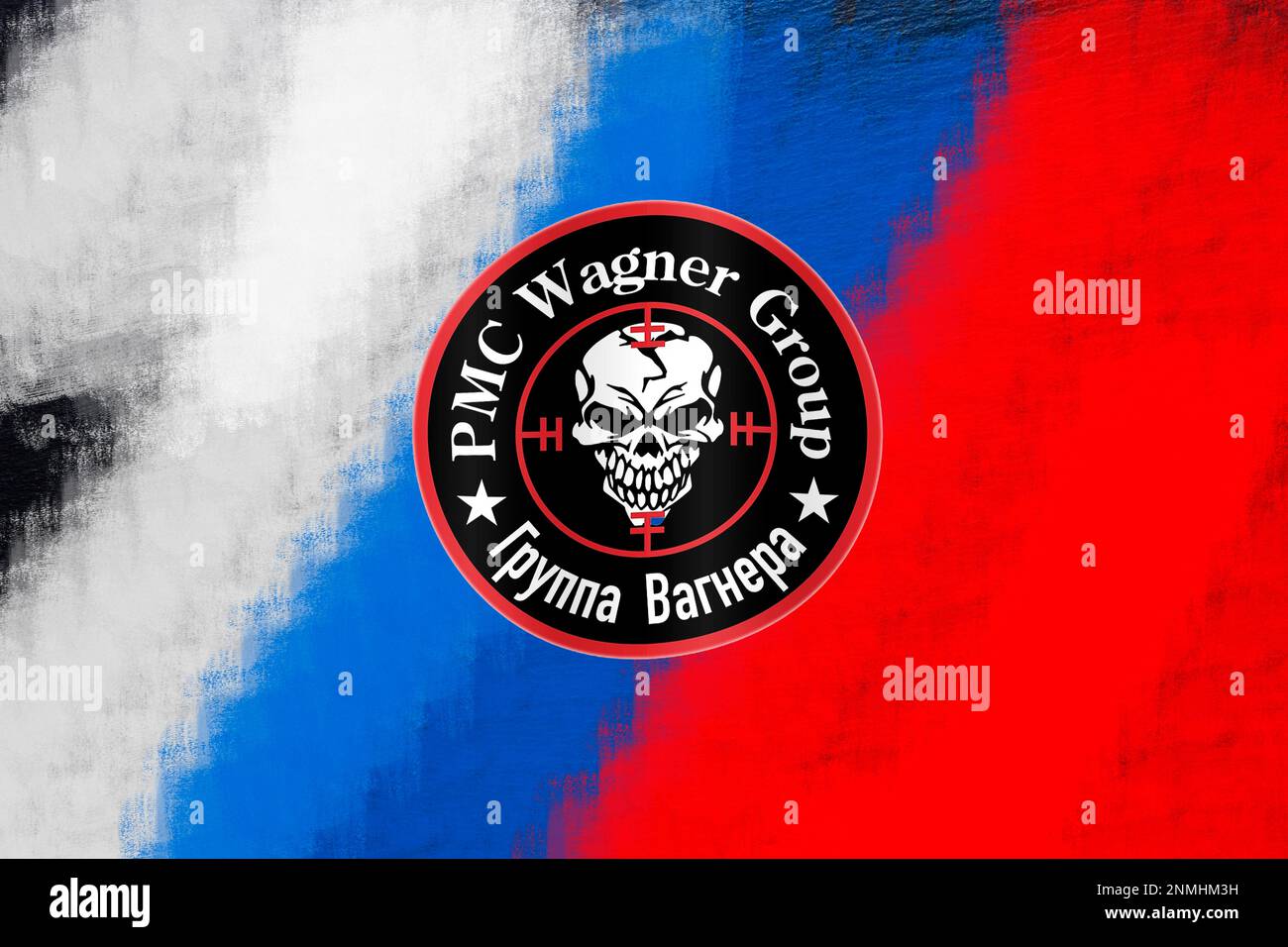 Logo of the Russian private security company and military enterprise Wagner Group (paramilitary organisation), in the background the Russian colours Stock Photo