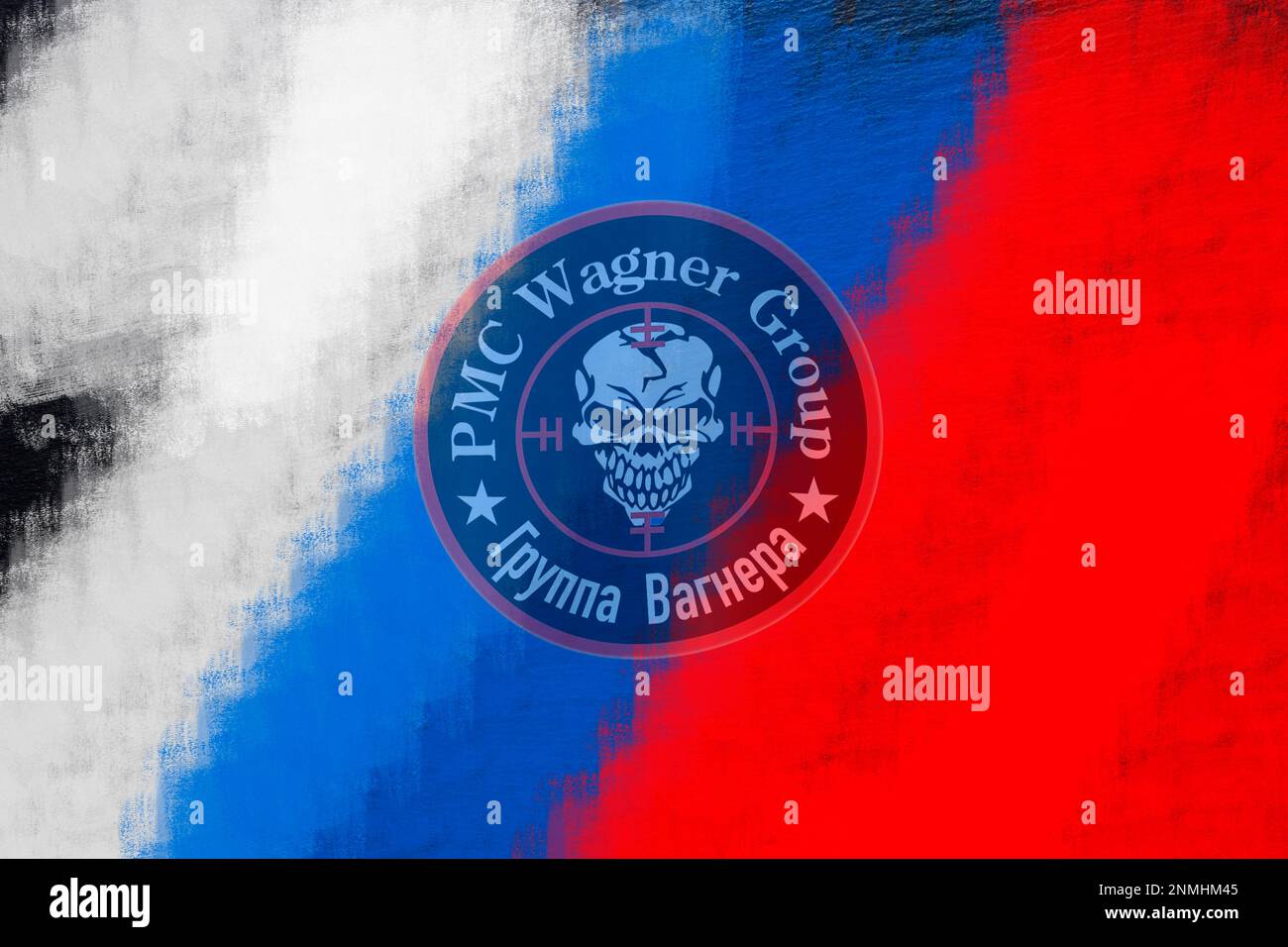 Logo of the Russian private mercenary group Wagner), in the background the Russian national colours white, blue and red Stock Photo