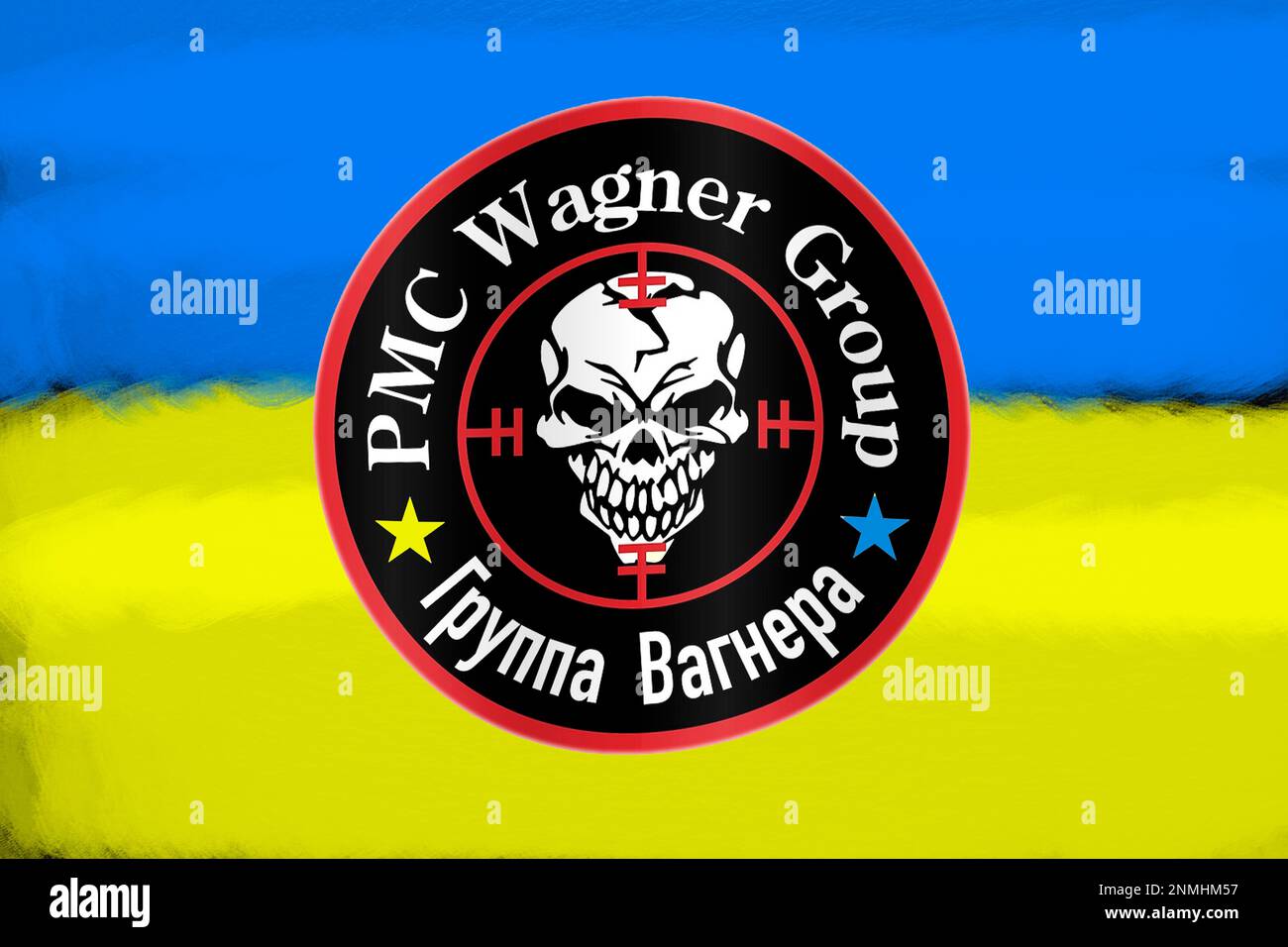 Logo of the Russian private security and military company Wagner Group (paramilitary organisation), in the background the Ukrainian colours Stock Photo