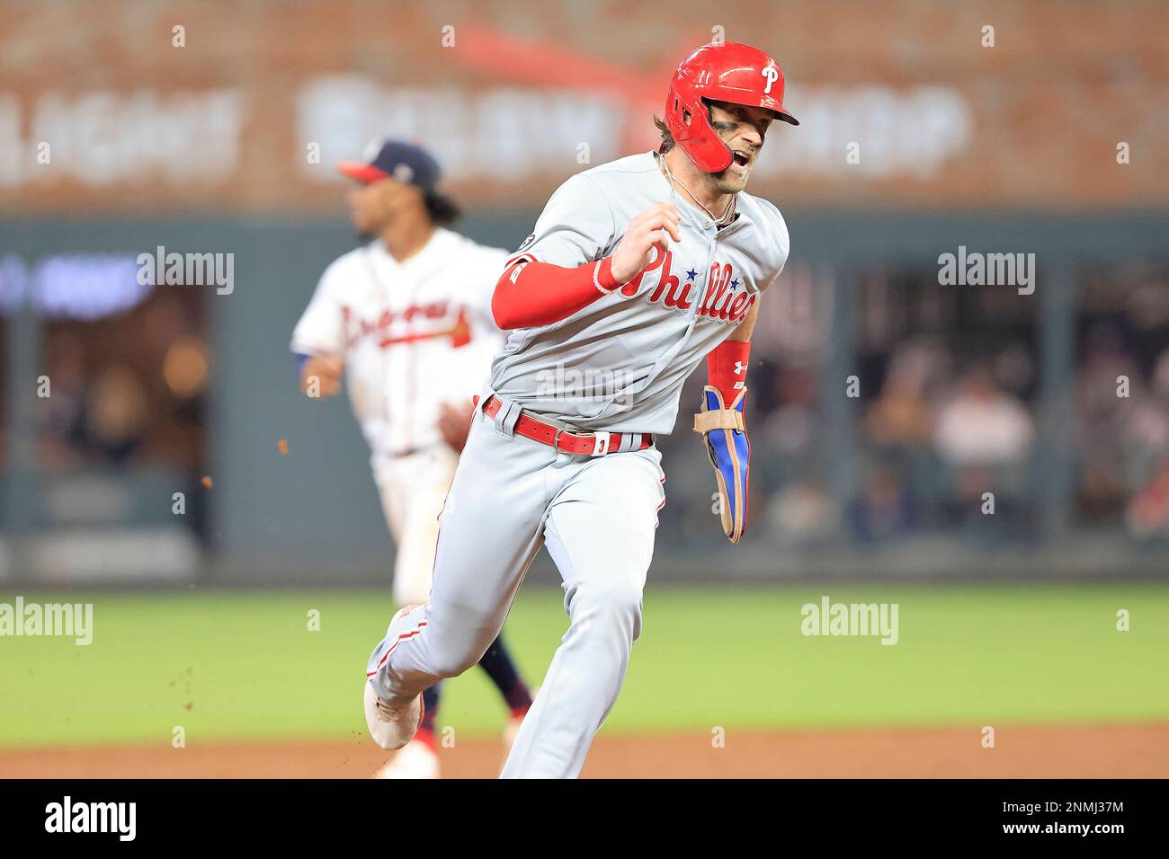 ATLANTA, GA – MAY 24: Philadelphia designated hitter Bryce Harper (3)  reacts after lining out during the MLB game between the Philadelphia  Phillies and the Atlanta Braves on May 24th, 2022 at