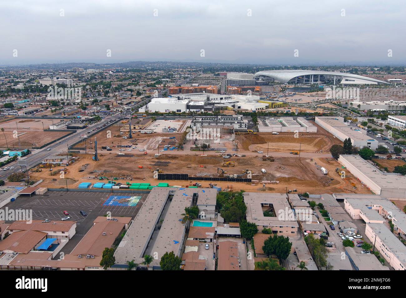 An aerial view of the Intuit Dome construction site with SoFi Stadium