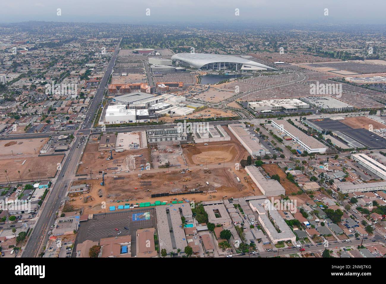 An aerial view of the Intuit Dome construction site with SoFi Stadium as a backdrop, Monday