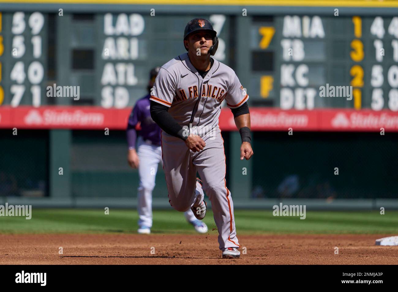 September 26 2021: San Francisco second baseman Donovan Solano (7) runs the  bases during the game with San Francisco Giants and Colorado Rockies held  at Coors Field in Denver Co. David Seelig/Cal