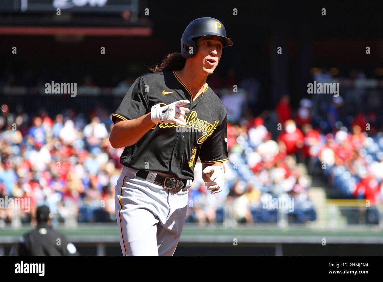 DUNEDIN, FL - MARCH 20: Pittsburgh Pirates second baseman Cole Tucker (3)  points towards the dugout during the spring training game between the  Pittsburgh Pirates and the Toronto Blue Jays on March