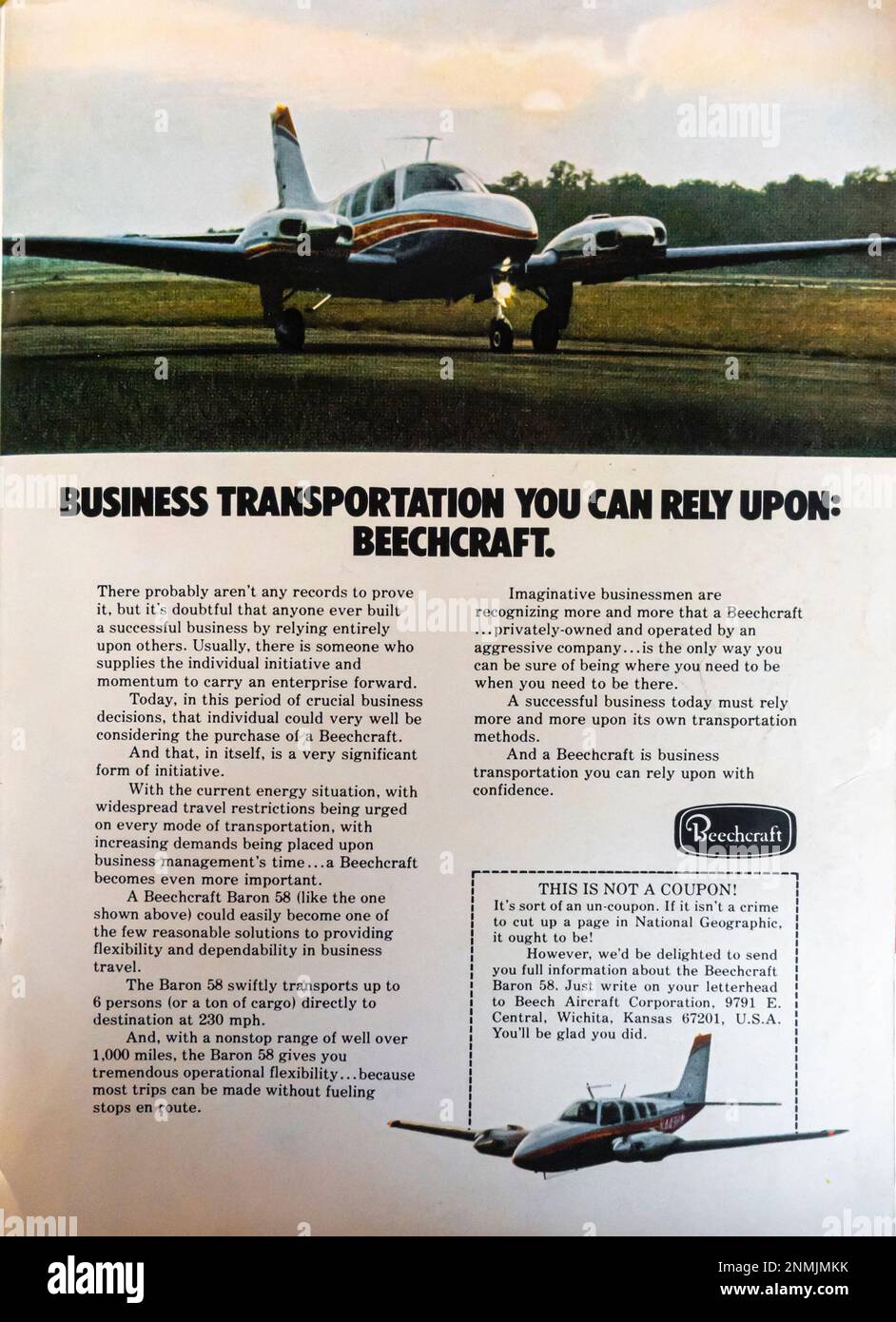 Beechcraft advert in a Natgeo magazine, October 1974 Stock Photo
