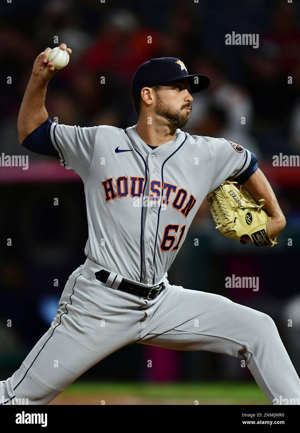 ANAHEIM, CA - SEPTEMBER 23: Houston Astros pitcher Forrest Whitley (61)  pitching during the eighth inning a game against the Los Angels Angels  played on September 23, 2021 at Angel Stadium in