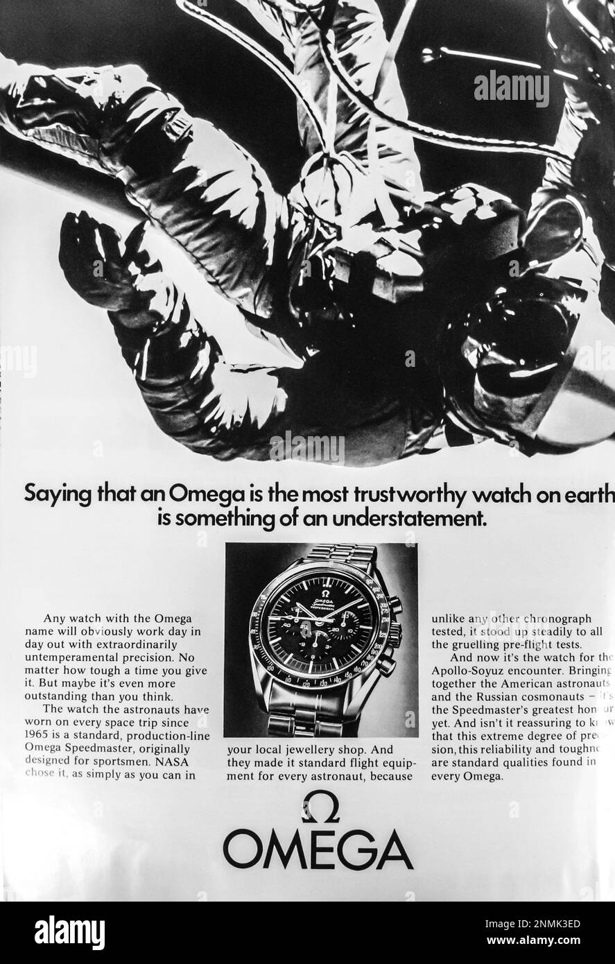 Omega Speedmaster watch with NASA astronaut advert in a magazine, August 1975 Stock Photo