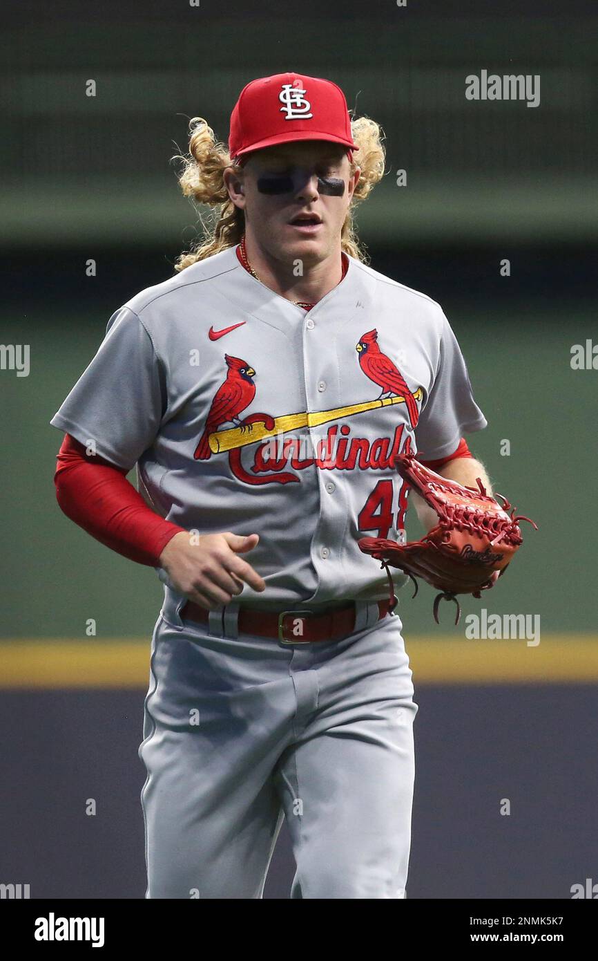 MILWAUKEE, WI - SEPTEMBER 21: St. Louis Cardinals center fielder Harrison  Bader (48) runs off the field during a game between the Milwaukee Brewers  and the St Louis Cardinals at American Family