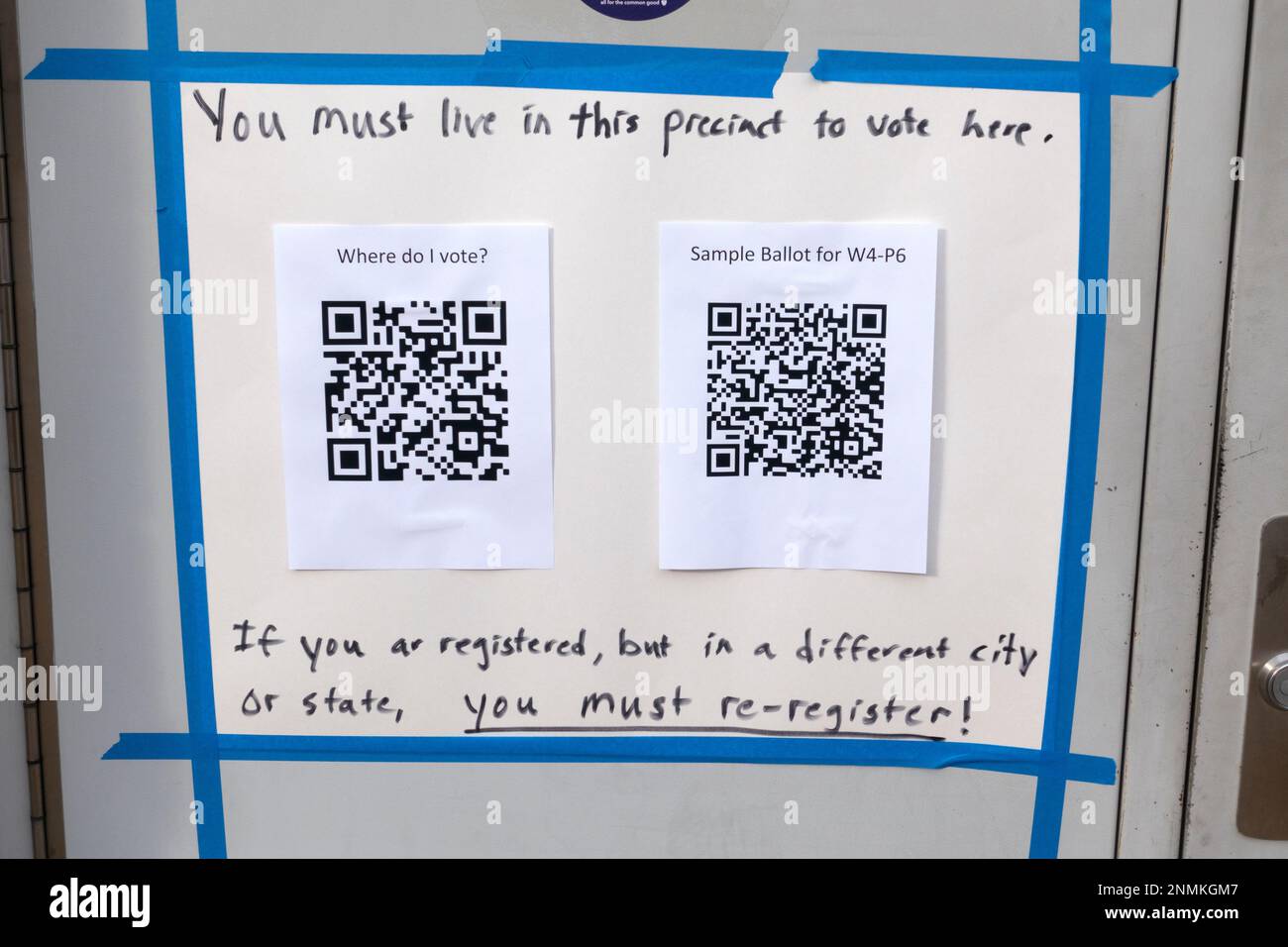 Quick response codes {QR Codes) read by cell phones for helping voters with registration at the polling place. St Paul Minnesota MN USA Stock Photo