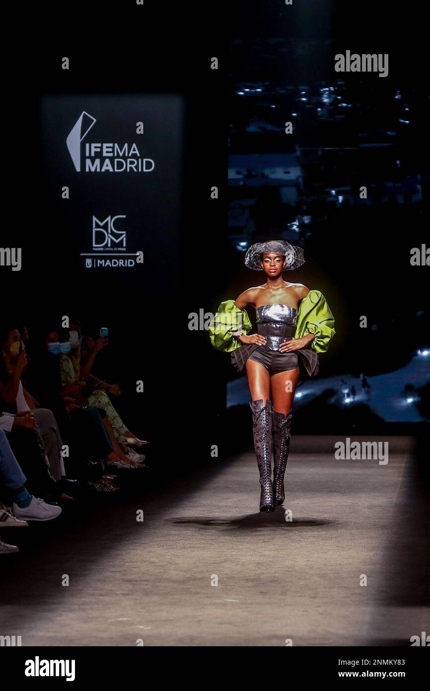 A model, in the fashion show of Maya Hansen's collection, during the third  day of the 74th edition of the Mercedes-Benz Fashion Week Madrid (MBFWMadrid),  in the Mercedes Benz hall, at IFEMA