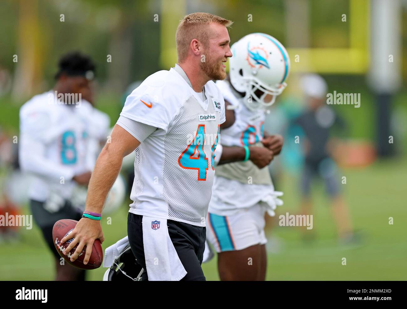 Miami Dolphins long snapper Blake Ferguson (44) smiles during NFL football  training camp at Baptist Health Training Complex in Hard Rock Stadium on  Wednesday, September 8, 2021 in Miami Gardens, Fla.(David Santiago/Miami