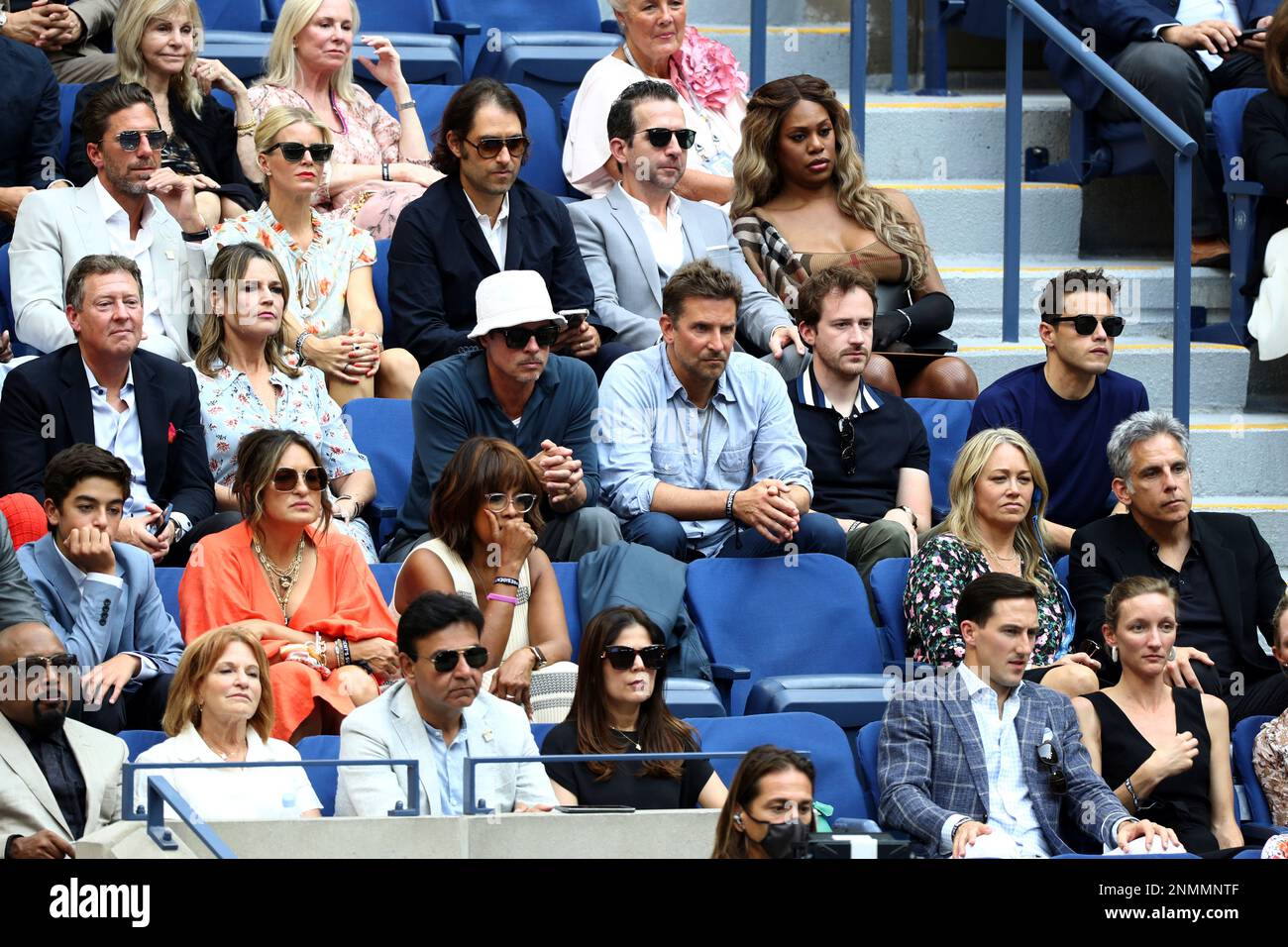 Brad Pitt, Bradley Cooper, Gayle King,Rami Malek, Mariska Hargitay, Ben  Stiller, Savannah Guthrie, Laverne Cox, and Stan Smith look on during the  Men's Singles championship match at the 2021 US Open, Sunday,