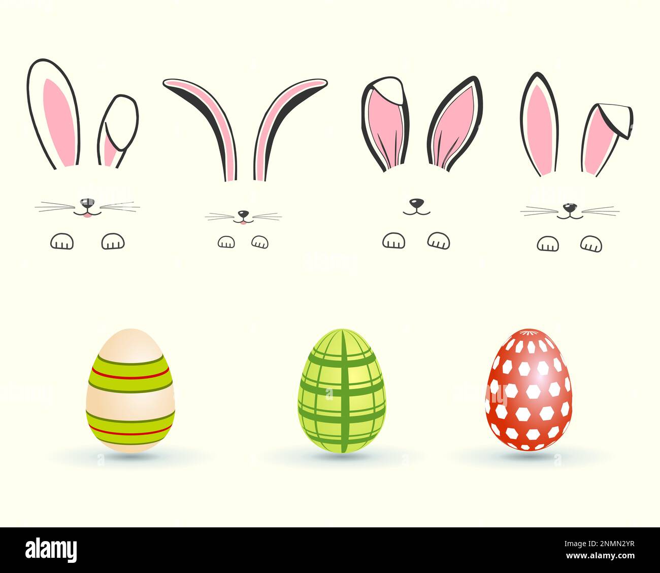 Easter bunny ears and easter eggs collection, Bunny face and egg illustration Stock Vector Image