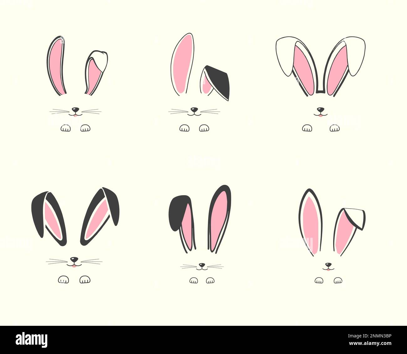Easter bunny ear illustration set, Bunny face with whiskers and paw