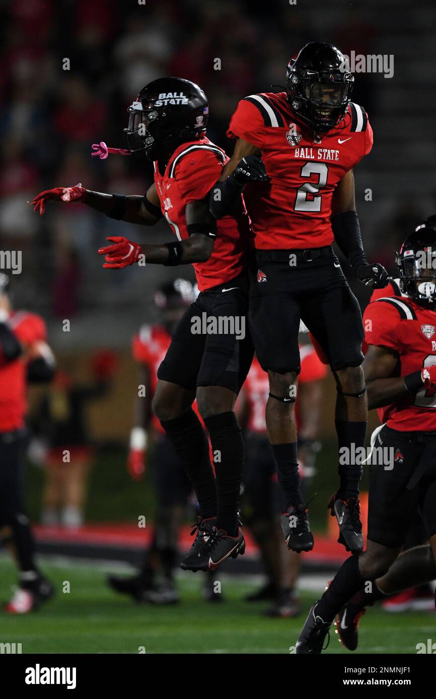 MUNCIE, IN - SEPTEMBER 02: Ball State CB Nic Jones (1) and Ball State S  Malcolm Lee (2) celebrate an interception during a college football game  between the Western Illinois Leathernecks and