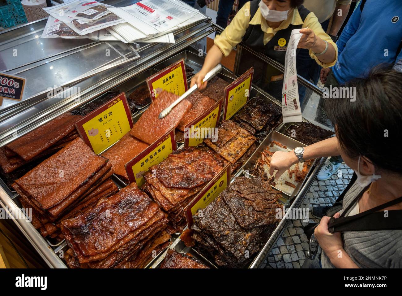 Shop selling the famous Macau beef and pork jerky, Macau, China. Stock Photo