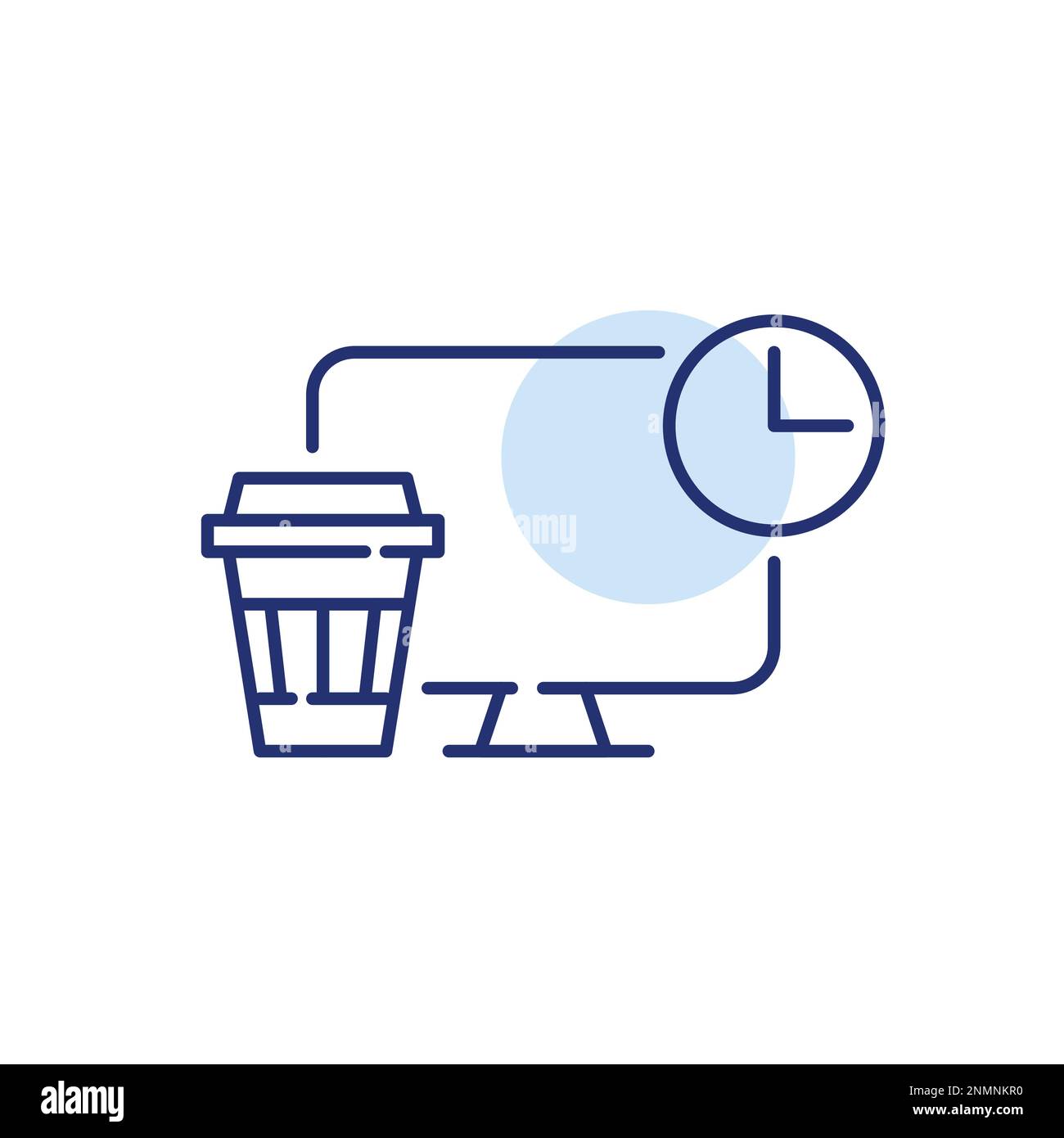 Coffee break. Rest time from work routine. Desktop computer and disposable takeaway cup. Pixel perfect, editable stroke Stock Vector