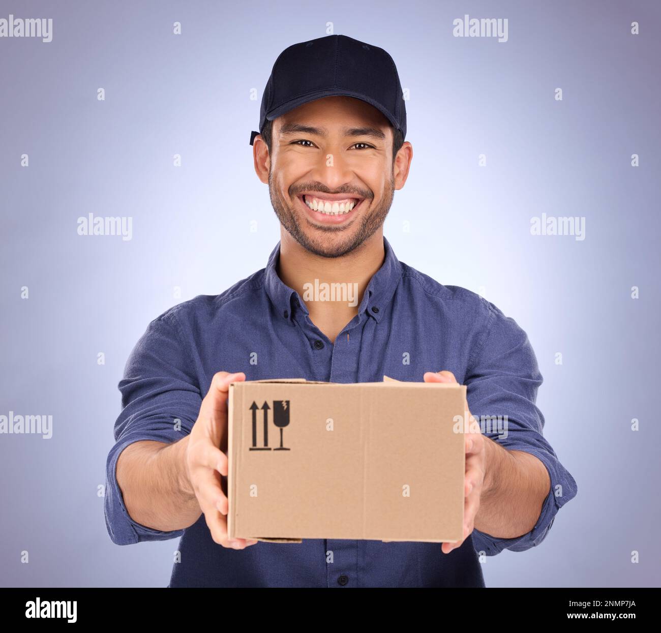 Portrait, man and courier with box, happiness and shipping with