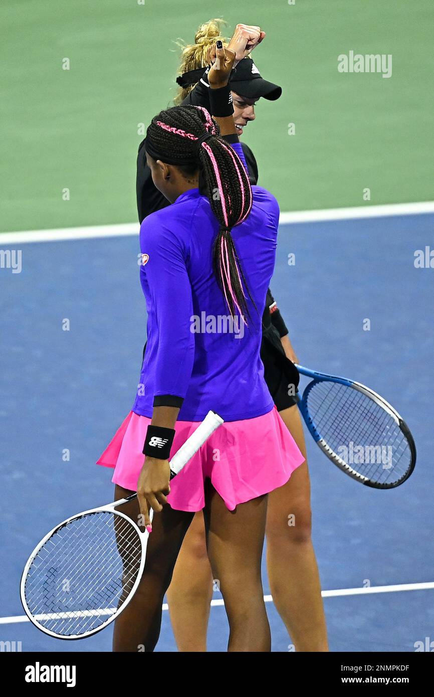 Catherine McNally and Coco Gauff react during a Women's Doubles match