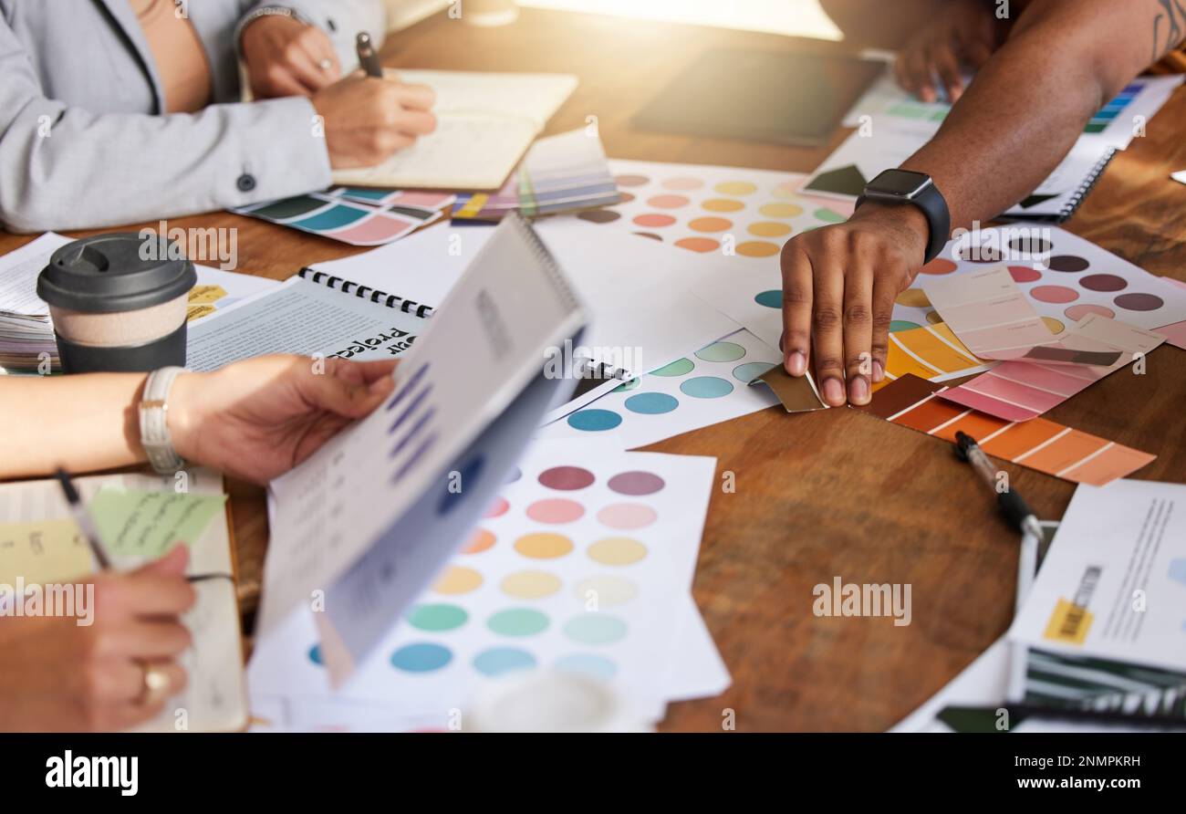 Hands, designer color and office teamwork for creative project in company workplace. Collaboration, cooperation and group of business people planning Stock Photo