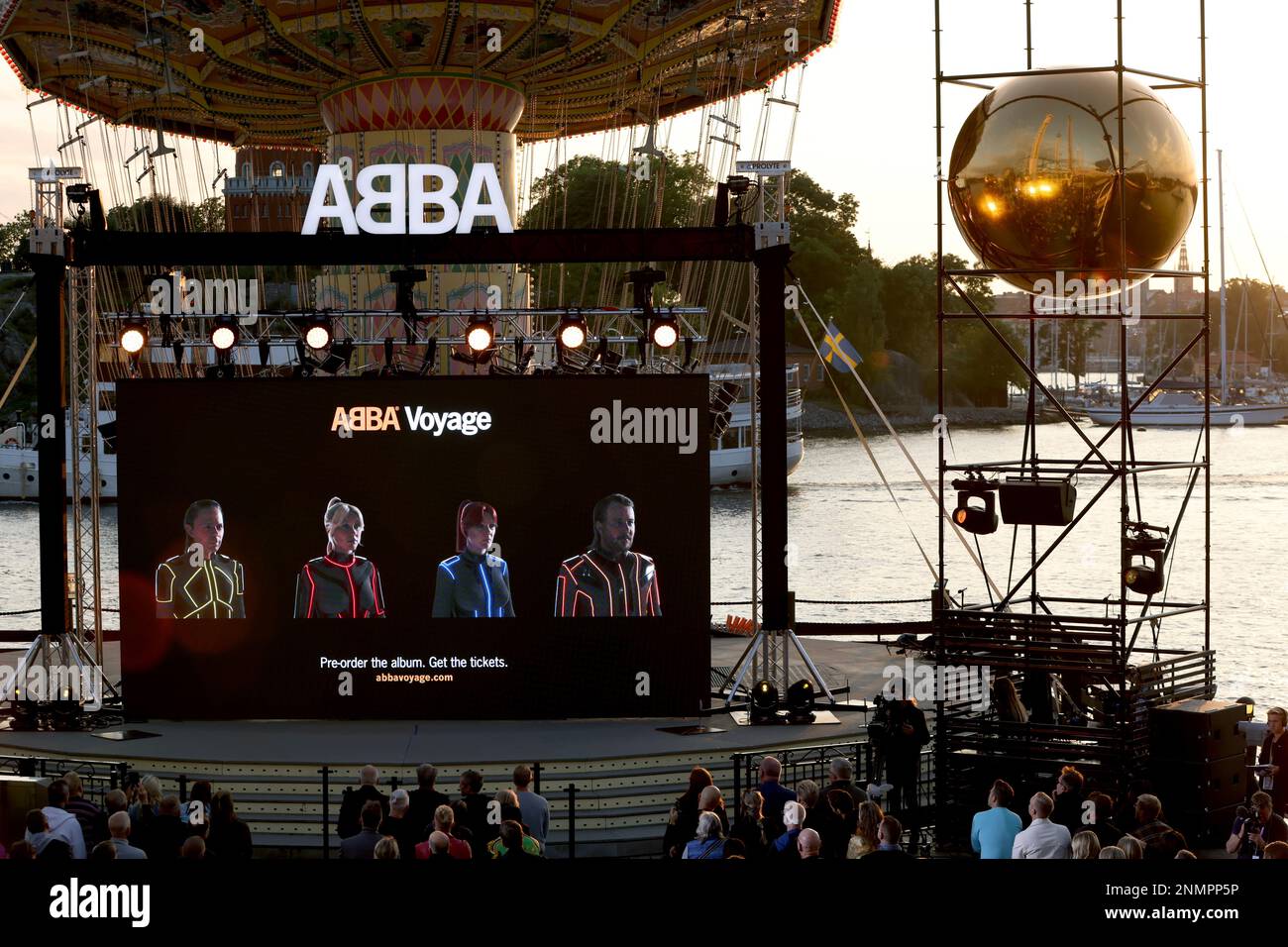 A view of a screen at the ABBA Voyage event at Grona Lund, in Stockholm,  Sweden, Thursday, Sept. 2, 2021. ABBA is releasing its first new music in  four decades, along with