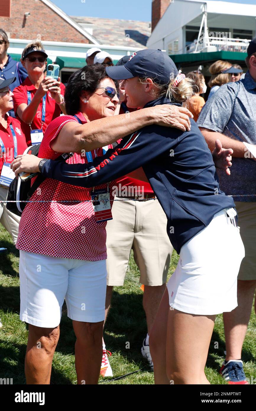 TOLEDO, OH - SEPTEMBER 01: USA players Nelly Korda gets a hug from LPGA  Hall of Famer Nancy Lopez on the 9th hole during a practice round before  the 2021 Solheim Cup
