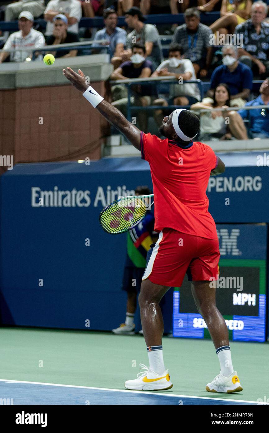 Frances Tiafoe in action during a Mens Singles match at the 2021 US Open, Monday, Aug