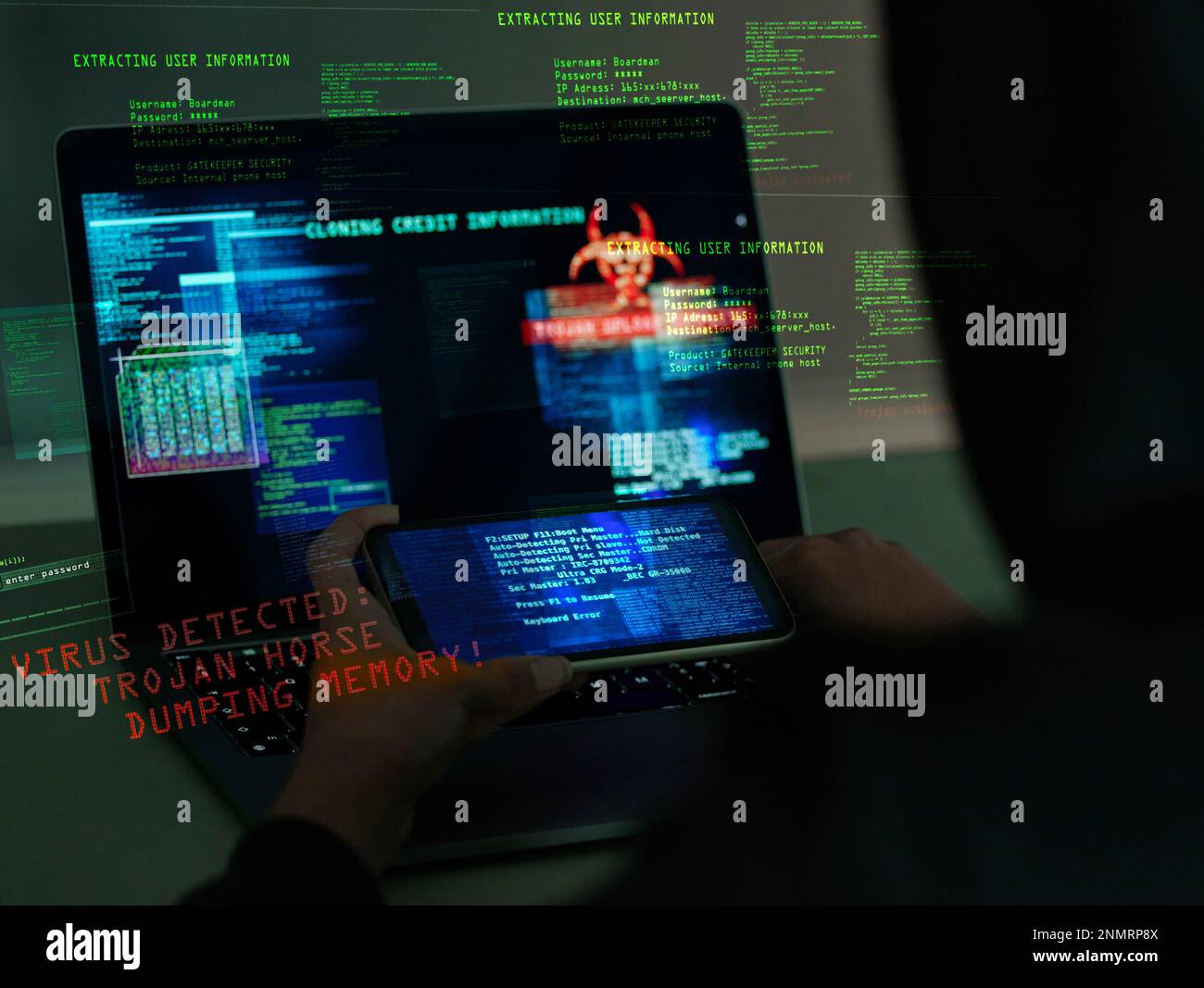 Cybersecurity, fraud and hands on a laptop and phone while programming or hacking a website. Scam, cyber attack and man hacker coding on a computer to Stock Photo