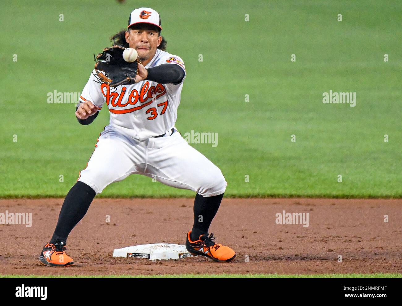 BALTIMORE, MD - AUGUST 25: Baltimore Orioles second baseman Jahmai Jones  (37) takes a throw during the Los Angeles Angels game versus the Baltimore  Orioles on August 25, 2021 at Orioles Park