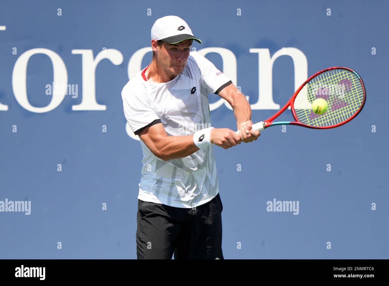 Kamil Majchrzak in action during a qualifying match at the 2021 US Open, Friday, Aug