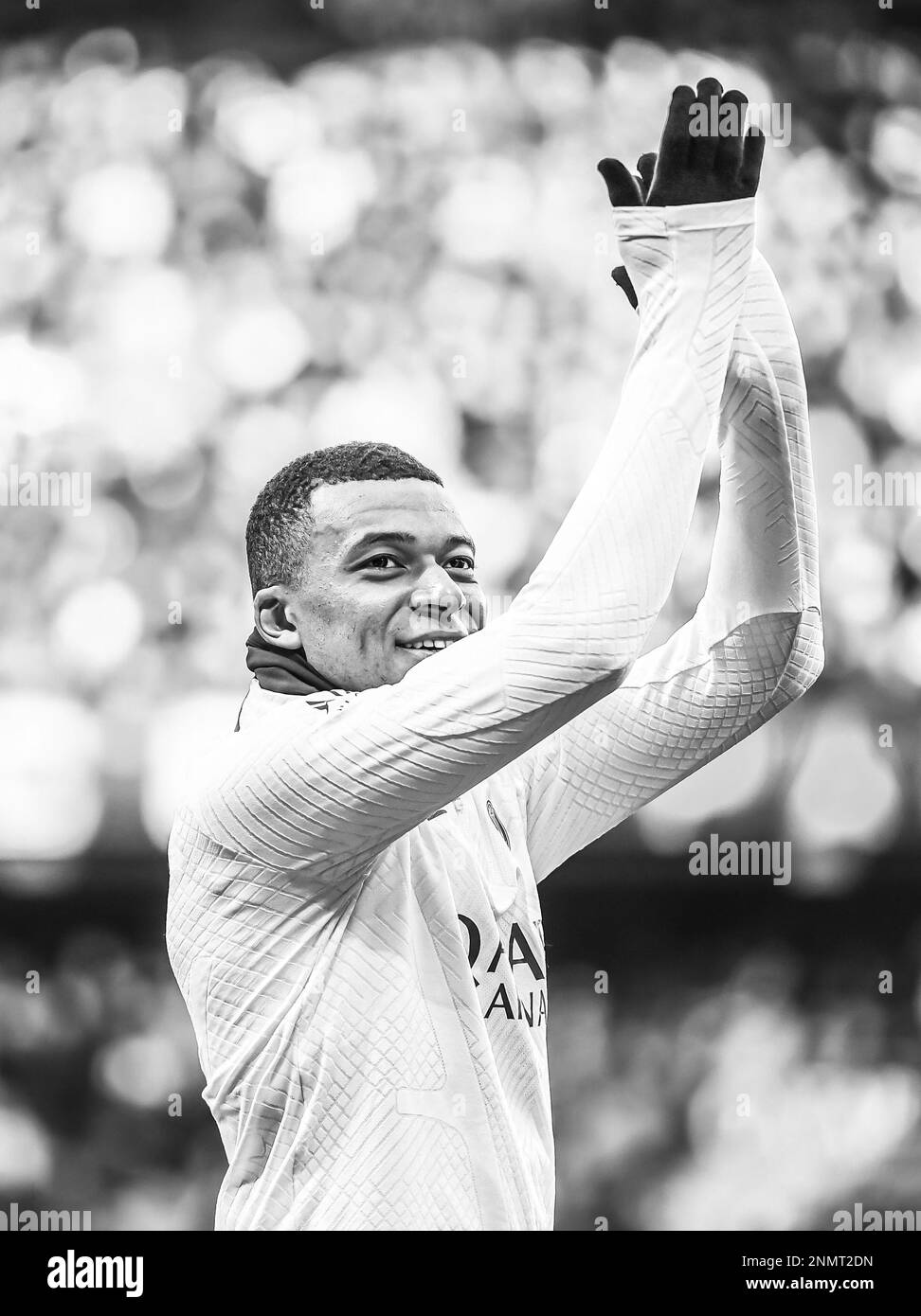 Kylian Mbappe during the public training of the Paris Saint-Germain (PSG) football team on February 24, 2023 at the Parc des Princes stadium in Paris, France. Black and white (bnw) picture. Photo by Victor Joly/ABACAPRESS.COM Stock Photo