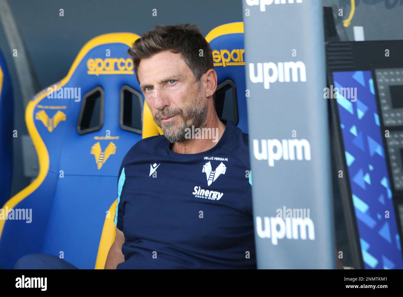 Verona coach Eusebio Di Francesco sits on the bench prior to the Serie A  soccer match between Hellas Verona and Sassuolo, a the Marcantonio  Bentegodi stadium in Verona, Italy, Saturday, Aug. 21,, image size:1300x956
