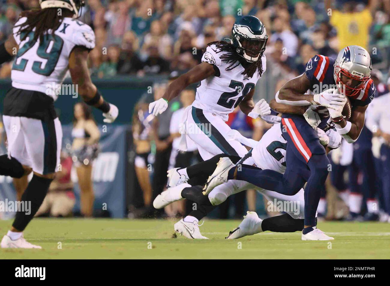 August 19, 2021, Philadelphia, PA, United States of America: New England  Patriots wide receiver KENDRICK BOURNE (84) picks up positive yards after  catch during a preseason game between the New England Patriots