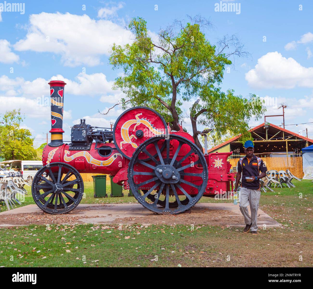 Decorated old steam engine at Barunga, an Aboriginal community in the Top End, Northern Territory, NT, Australia Stock Photo