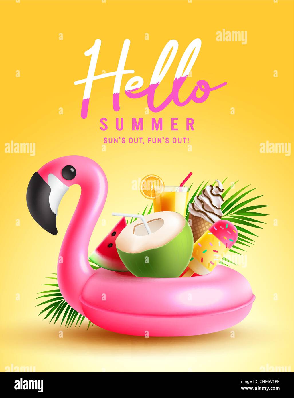Summer hello vector poster design. Hello summer text with flamingo floater and colorful beach elements. Vector illustration tropical seasonal Stock Vector