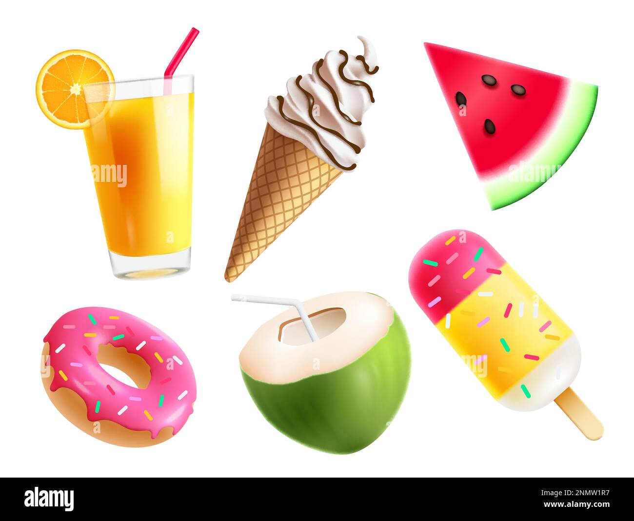 Summer food elements vector set design. Summer tropical foods like doughnut, popsicle, ice cream and seasonal juice. Vector illustration isolated Stock Vector