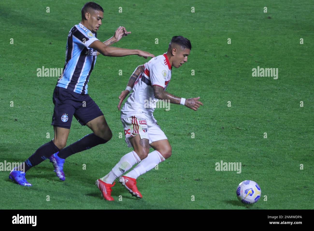 SP - Sao Paulo - 14/08/2021 - BRAZILIAN IN 2021, SAO PAULO X GREMIO -  Galeano, Sao Paulo player disputes a bid with Vanderson, Gremio player  during a match at Morumbi stadium