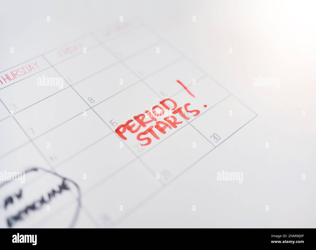 Period, cycle and note on a calendar for menstruation, monthly schedule