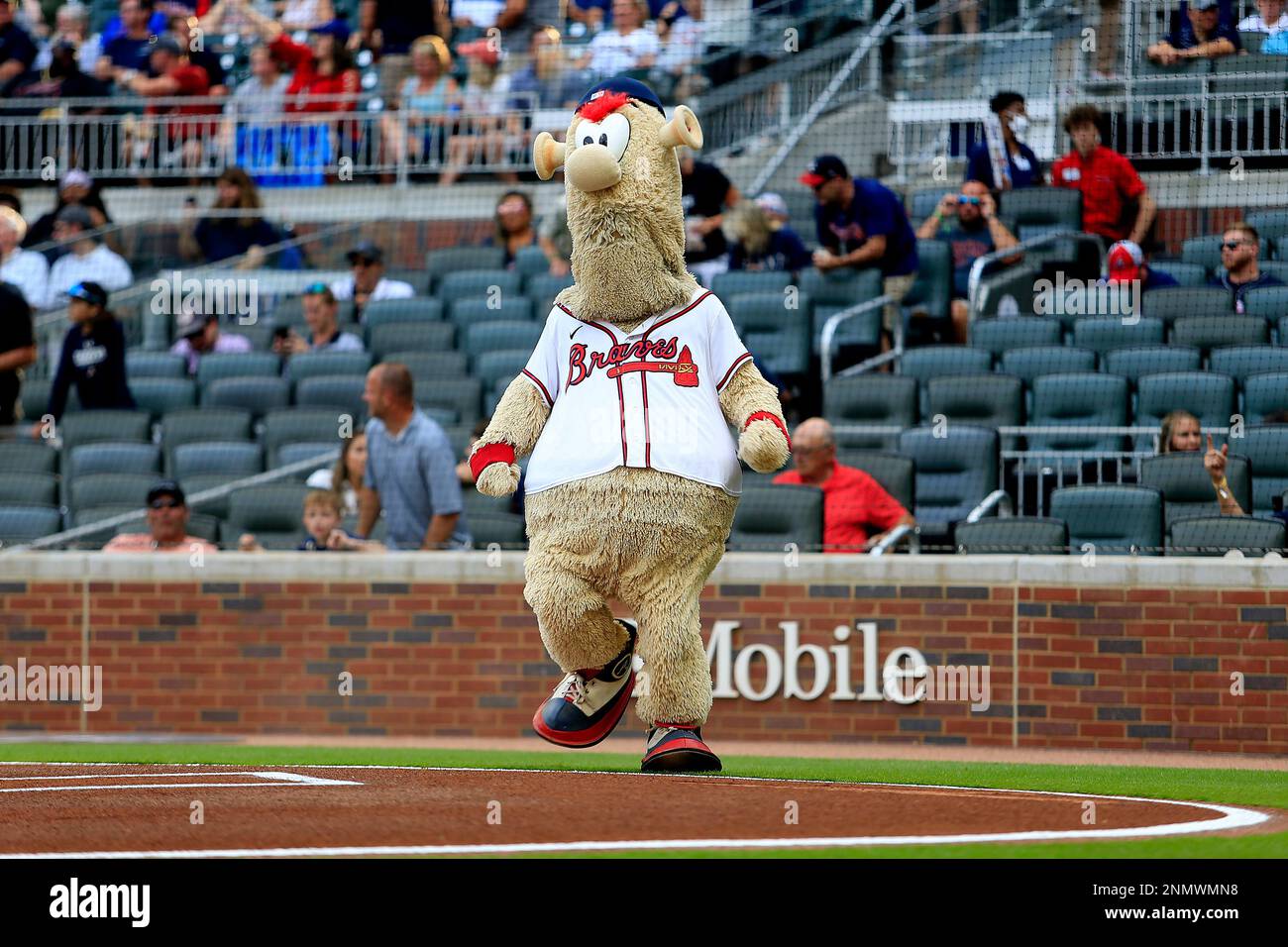 ATLANTA, GA - AUGUST 10: Blooper the Braves mascot during the Tuesday  evening MLB game between the Atlanta Braves and the Cincinnnati Reds on  August 10, 2021 at Truist Park in Atlanta