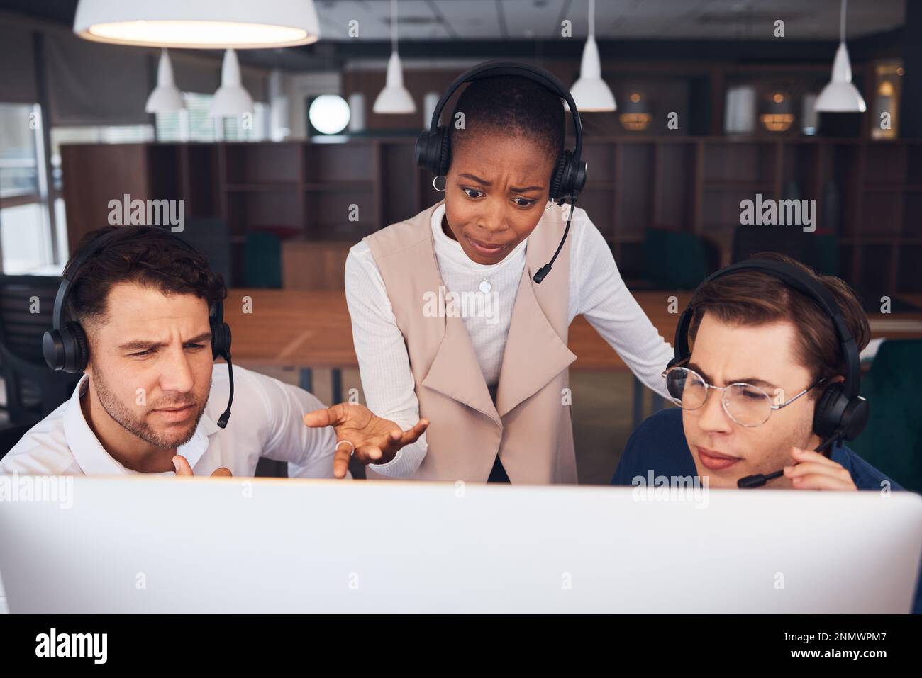 Call center, confused team with problem solving and support, diversity ...