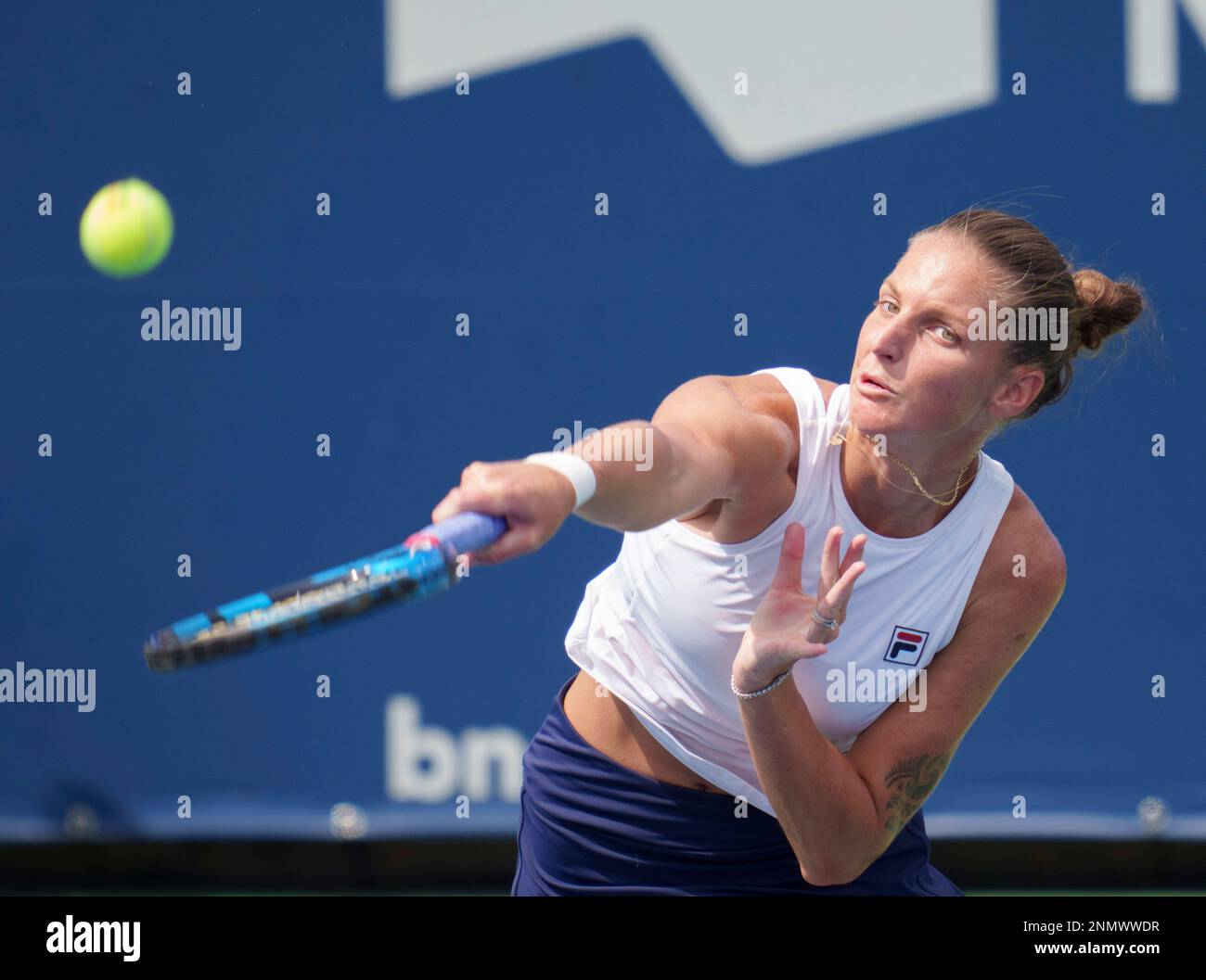 Karolina Pliskova, of the Czech Republic, serves to Donna Vekic, of  Croatia, during the second round of the National Bank Open women's tennis  tournament Wednesday, Aug. 11, 2021 in Montreal. (Paul Chiasson/The