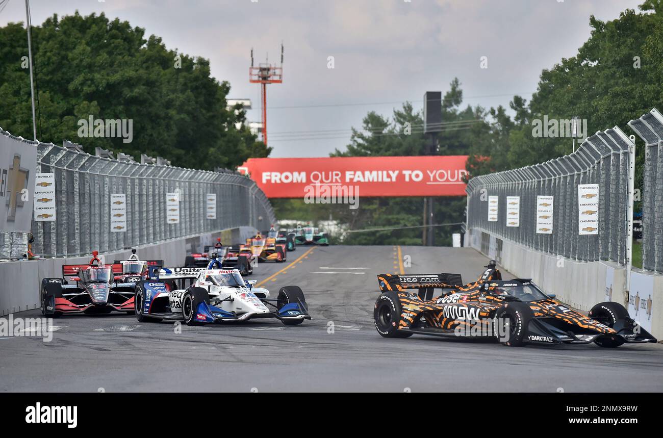 August 08, 2021: A pack of NTT IndyCar Series cars heads towards turn three  during the inaugural Big Machine Music City Grand Prix on the streets of  Nashville in Nashville, TN. Austin