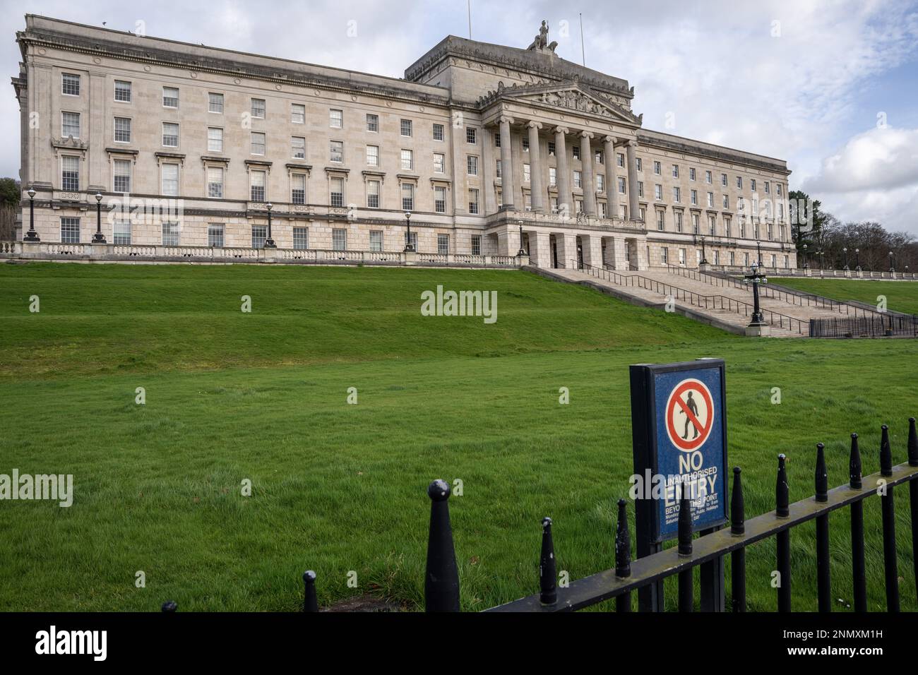 Belfast City, Co Antrim, Northern Ireland, February 17th 2023. Front of Stormont, Northern Irish House of Parliament, view from left of the building w Stock Photo