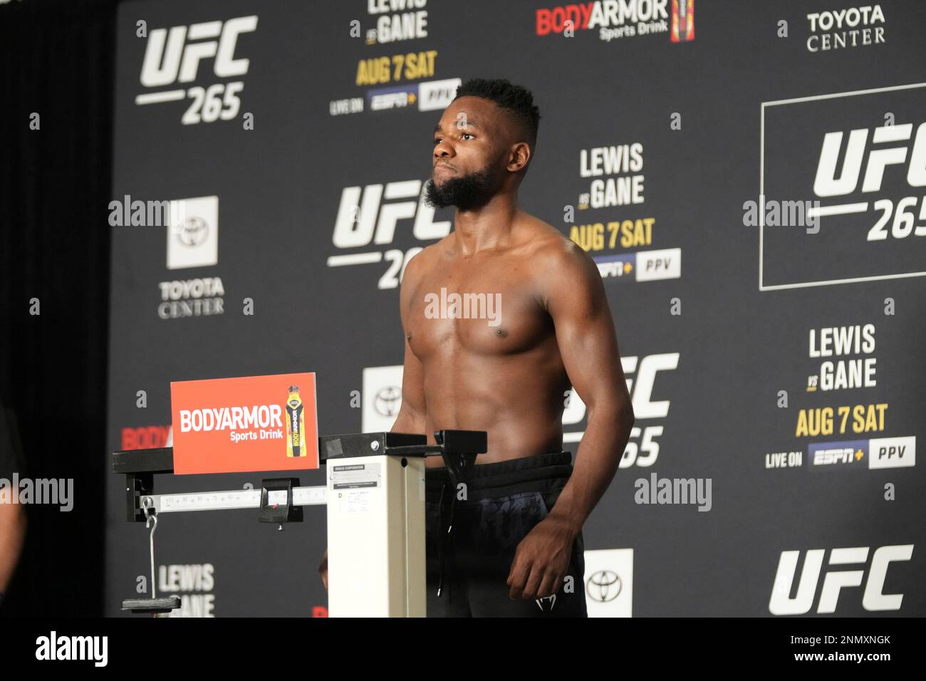 HOUSTON, TX - AUGUST 06: Manel Kape steps on the scale during the official  weigh-in for UFC 265 on August, 06, 2021, at Hyatt Regency in Houston, TX.  (Photo by Louis Grasse/PxImages/Icon