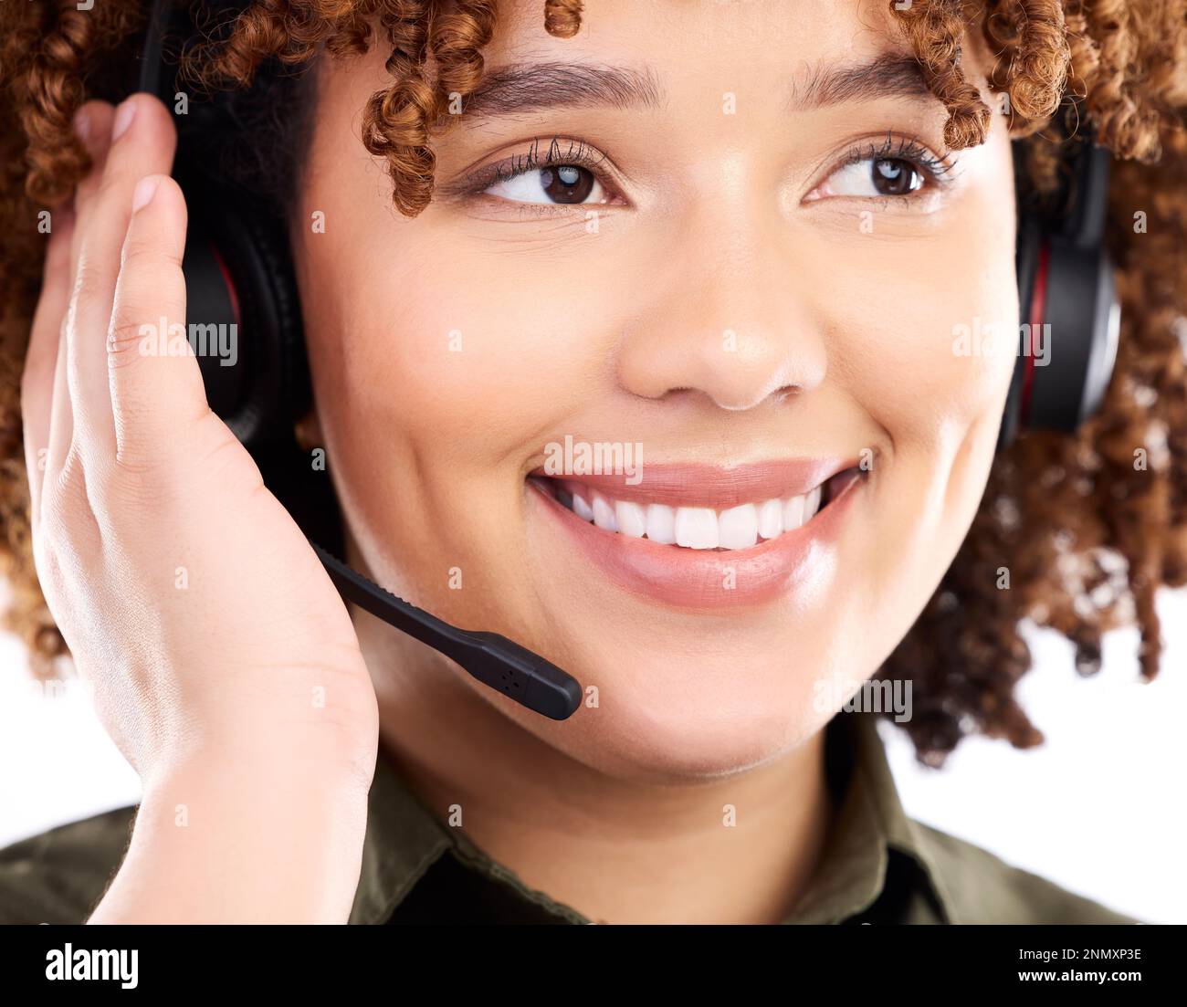 Call center, telemarketing or face of black woman in communication