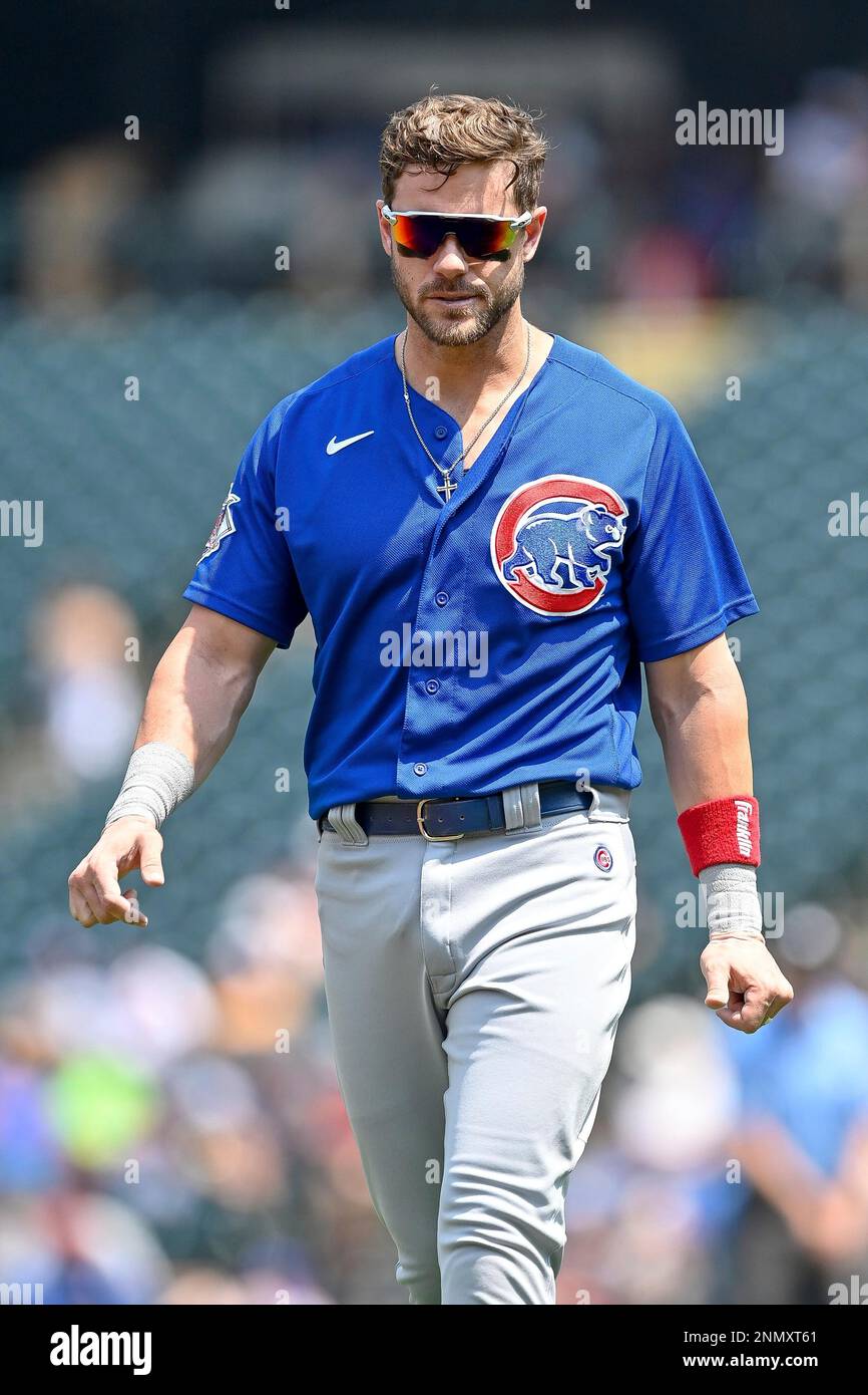 Denver CO, USA. 16th Apr, 2022. Chicago third baseman Patrick .Wisdom (16)  gets a hit during the game with Chicago Cubs and Colorado Rockies held at  Coors Field in Denver Co. David