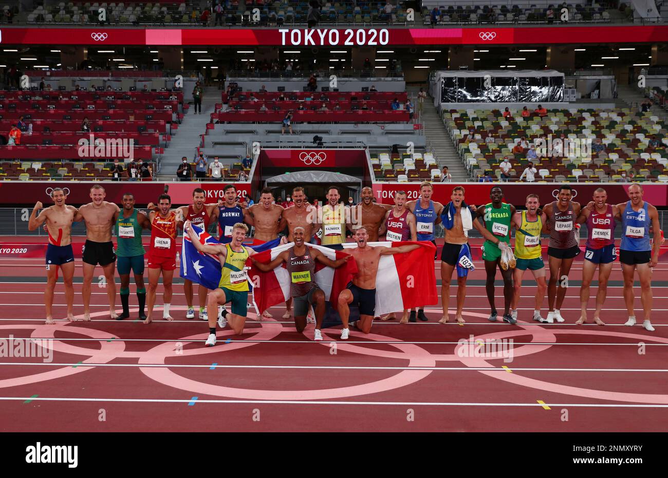 The athletes from the men's decathlon pose for a photo on the Olympic